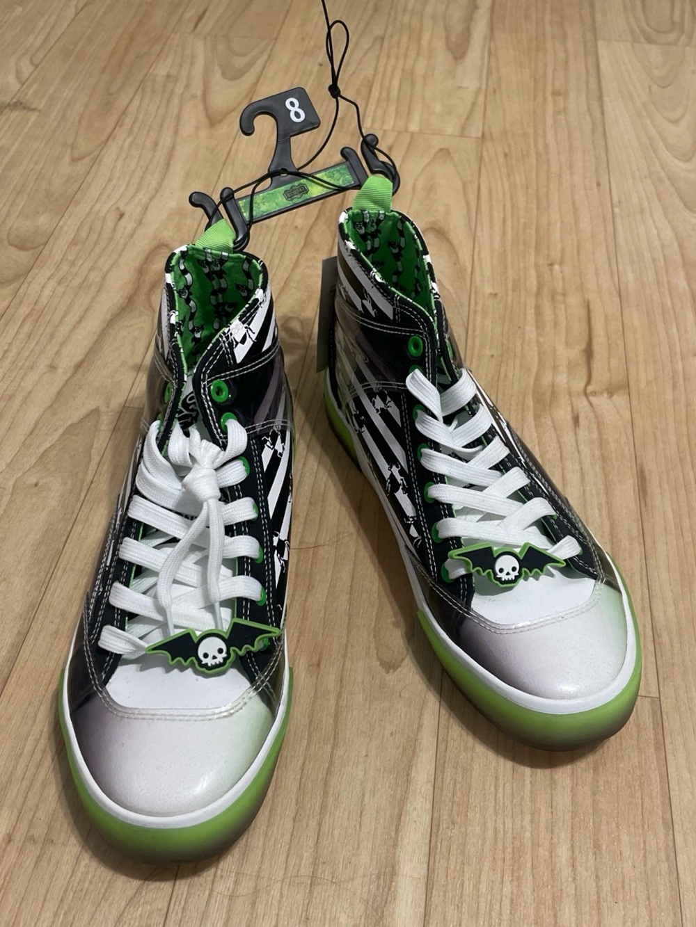 Girls High-Top Sneakers in Black, White & Bright Green with Skull Accent